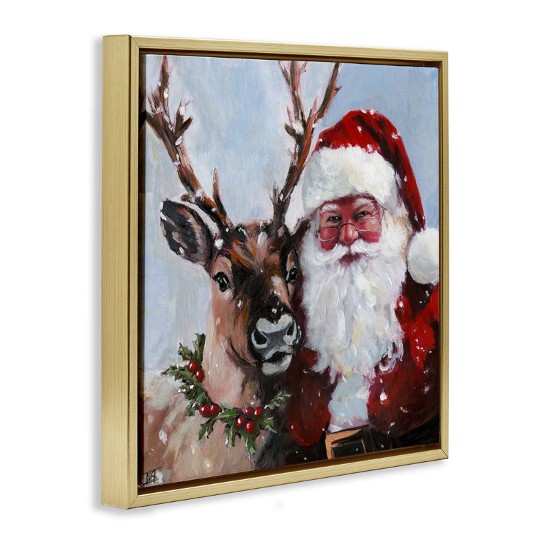 Cadre flottant Rosy Cheeked Santa & Reindeer, design par Sara Culpepper, H 18 po x l 18 po, Cadre flottant métallique doré
