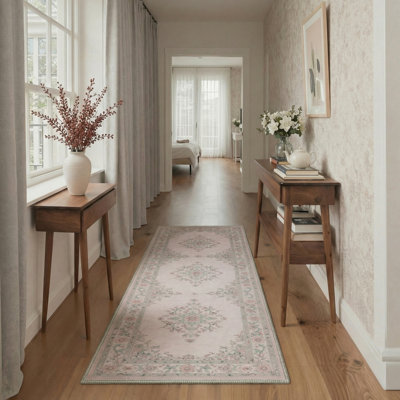 Tapis rose / vert à motif floral lavable à la machine avec envers antidérapant Dondale