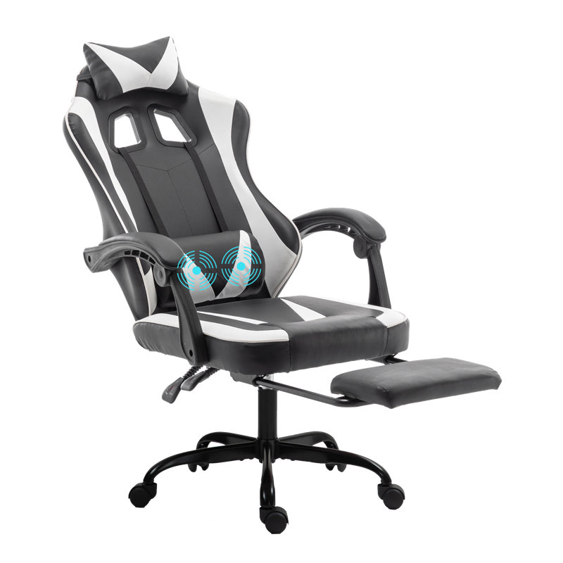 Radelldar Adjustable Reclining Ergonomic Faux Leather Swiveling PC & Racing Game Chair with Footrest, Black/White