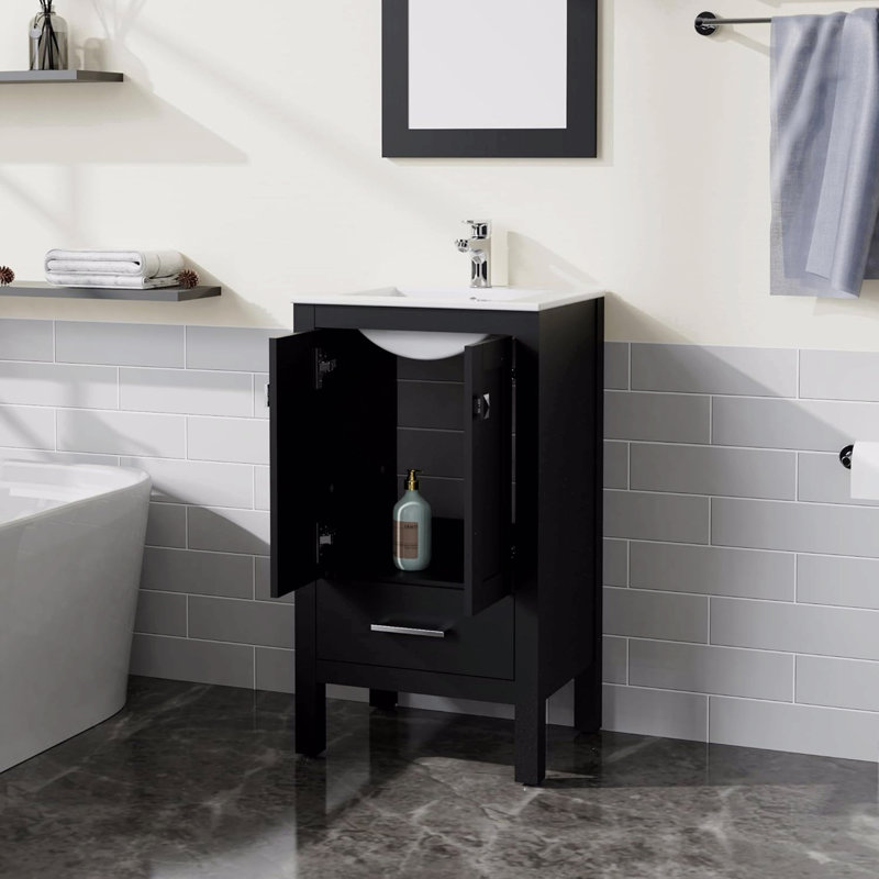 Meuble-lavabo de salle de bain noir avec dessus d'évier blanc