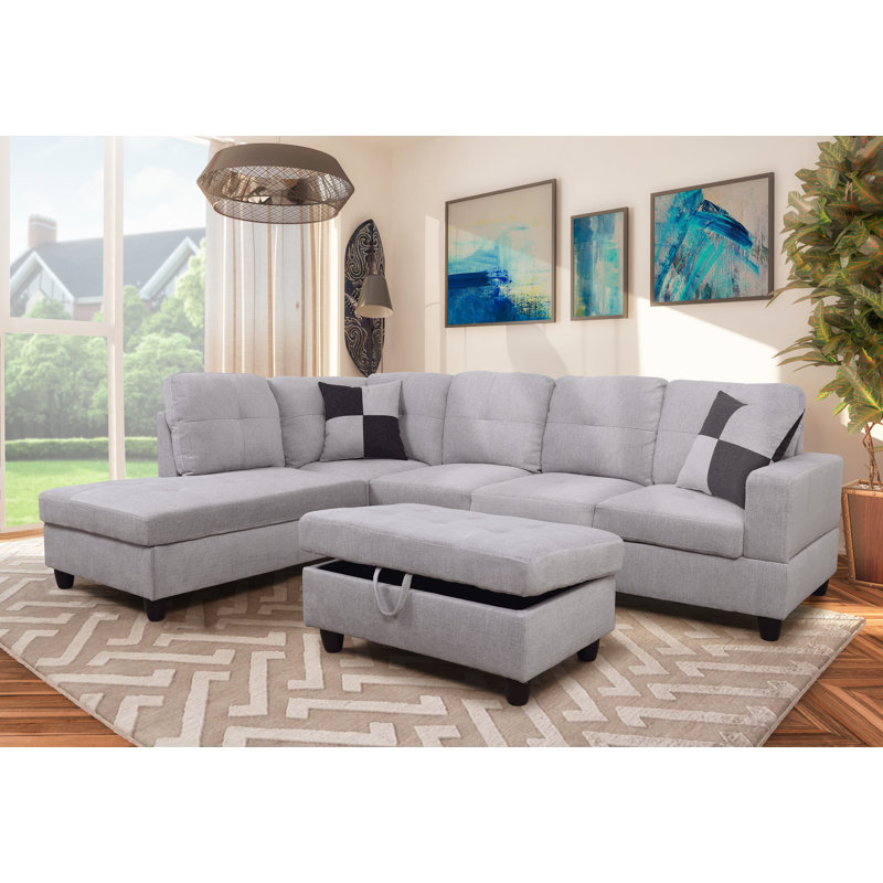 Aiddan Upholstered L-Shaped Sectional Left Hand Facing, Black Microfiber/Linen Blend, Left Hand Facing