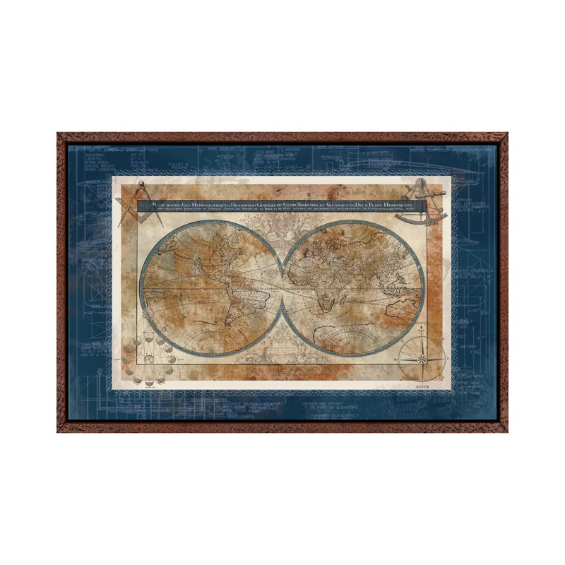 Blueprint Of The World by Carol Robinson - Print on Canvas, Classic Brown Wood Framed Canvas, 66.04 cm H x 45.72 cm W