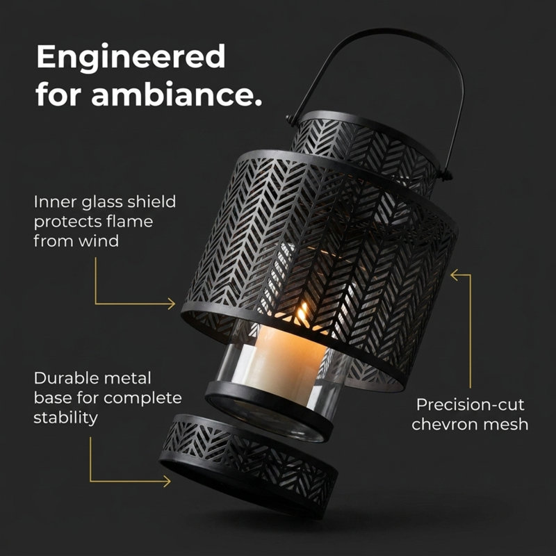 Metal Tabletop Lantern, 7" H x 7" W x 9" D, Black