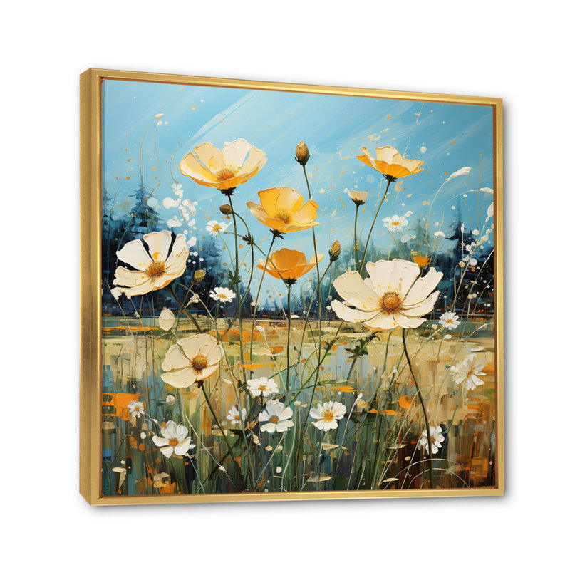 Bouton d'or jaune et bleu, Cadre flottant doré, H 30 po x l 30 po x P 1 po