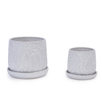 Ensemble de pots à fleurs en céramique blanche brillante faite à la main de 2, 6 po et 8 po de diamètre, avec motif de feuilles, pour tablettes d'intérieur et d'extérieur pour plantes succulentes et herbes, argile respirante avec soucoupes