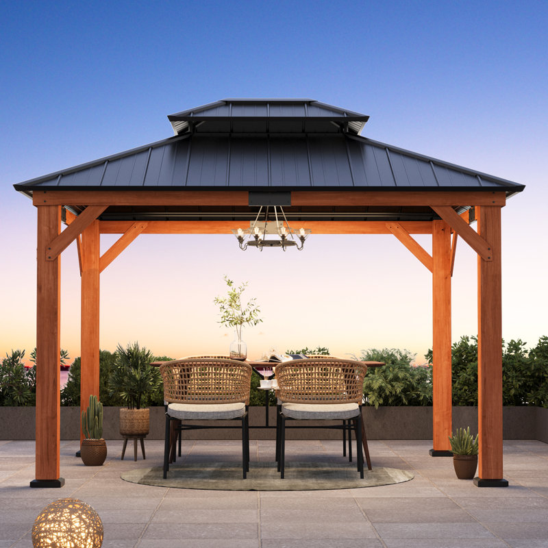 Rosewood 11 Ft. X 13 Ft. Premium Cedar  Wood Framed Hard Top Patio Gazebo With 2-Tier Metal Roof