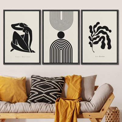 Black Matisse Dancer Lar Gerbe Plant Mid Century Modern Wall Art Framed On Canvas 3 Pieces Print