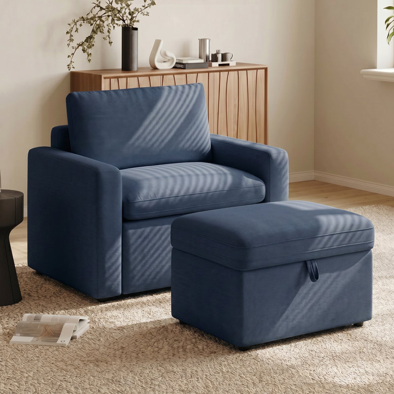 Lana Upholstered Chair With Ottoman, Blue Polyester