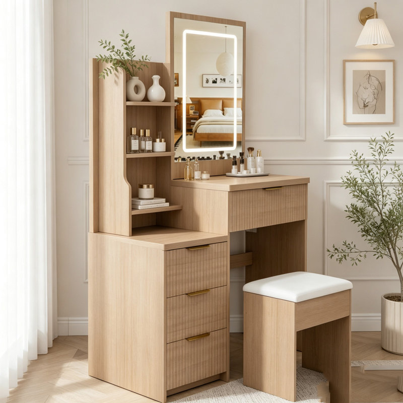 Coiffeuse moderne avec éclairage DEL, prise électrique et 4 tiroirs, Noyer
