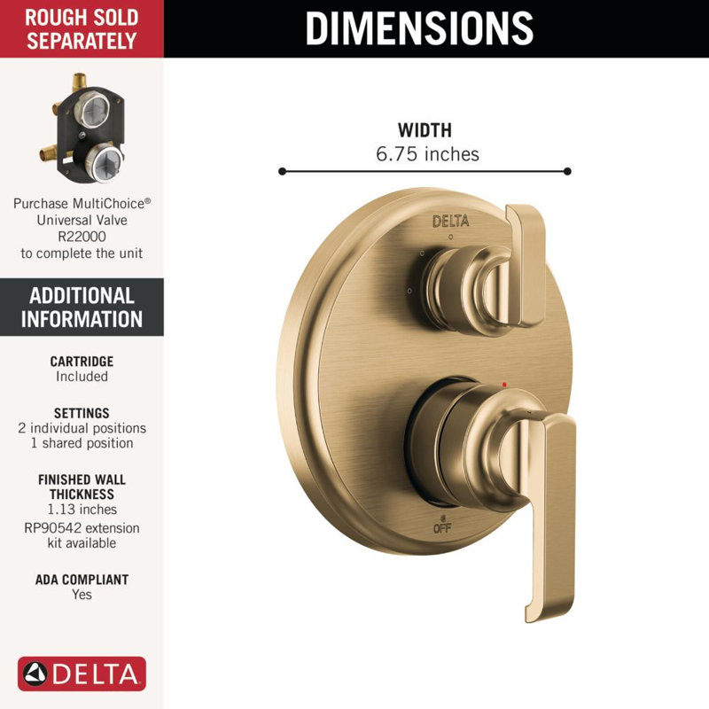 Tetra 14 Series 3-Setting Integrated Diverter Valve Trim Kit, Shower Faucet Diverter Kit, Champagne Bronze