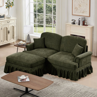 Élégant canapé Mid-Century modulaire à deux places en forme de L avec accoudoirs évasés et volants amovibles, avec jupes plissées et pieds fuselés, canapé-lit en chenille confortable avec repose-pieds mobile, café clair