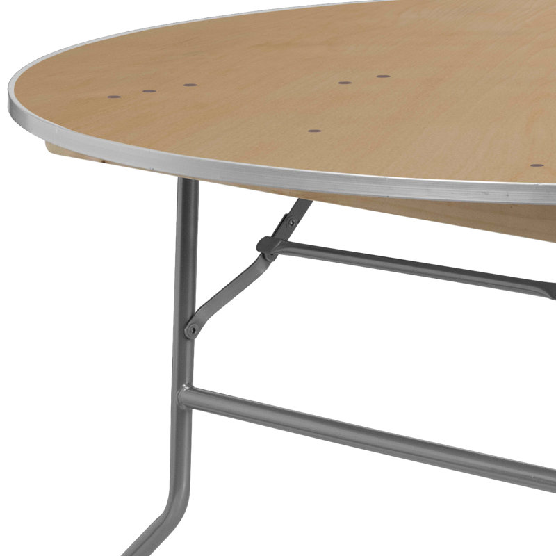 Elegant 60" Round Birchwood Folding Banquet Table with Silver Metal Edging