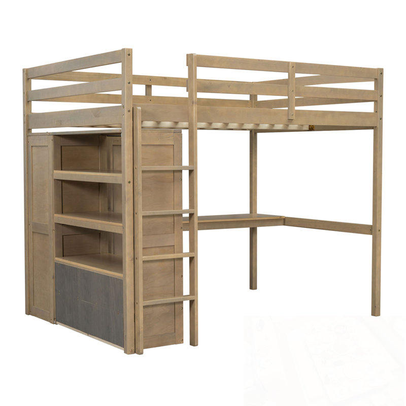 Lit mezzanine double en bois avec garde-robe intégrée, bureau, tablettes de rangement et tiroirs, Noyer