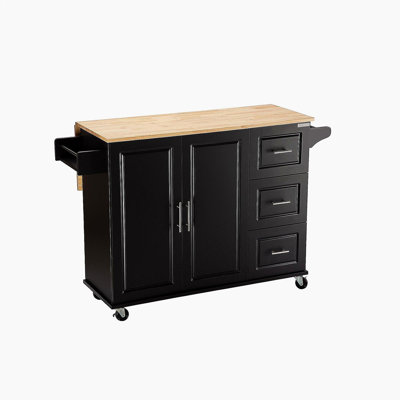 Kitchen Island with Kitchen Trolley, Expandable Rubberwood Top, Internal Adjustable Shelves for Various Kitchenware, 3 Large Drawers, Spice Rack, Towel Rack, Black Honeycomb