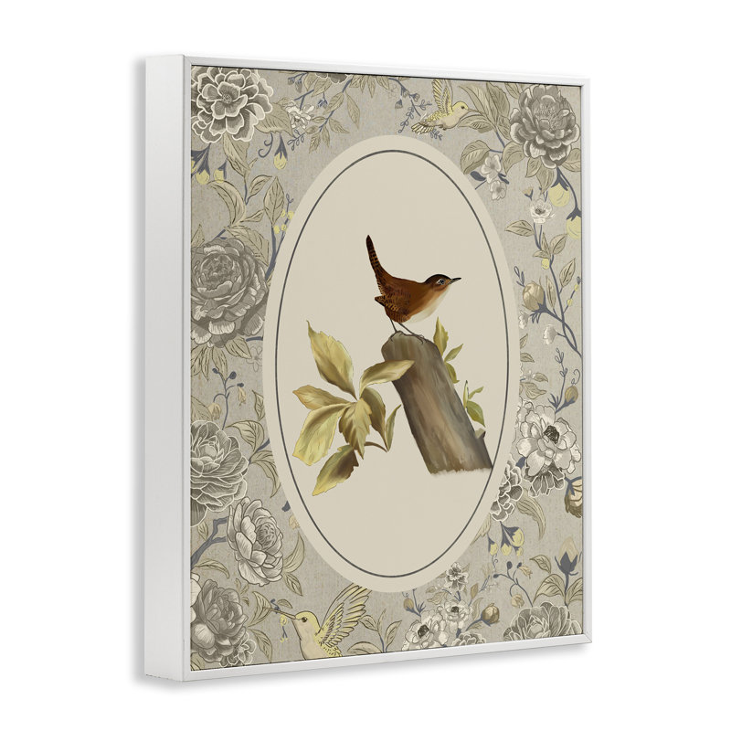 Oiseau perché et toile encadrée, design par Radhika Modi, 20" H x 16" W, Estampe numérique encadrée blanc bord de mer