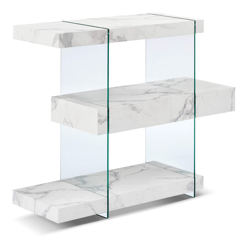 32" Length Narror Console Table with 3-Tier Shelves and a Hidden Drawer, Modern Entryway Table with Tempered Glass Frame