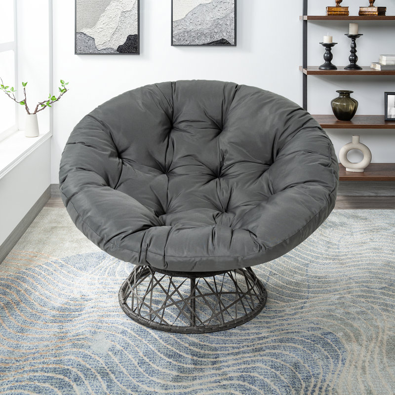 Oversized Wicker Papasan Accent Chair with Swivel Base and Extra Thick Cushion for Ultimate Comfort, Dark Gray Linen