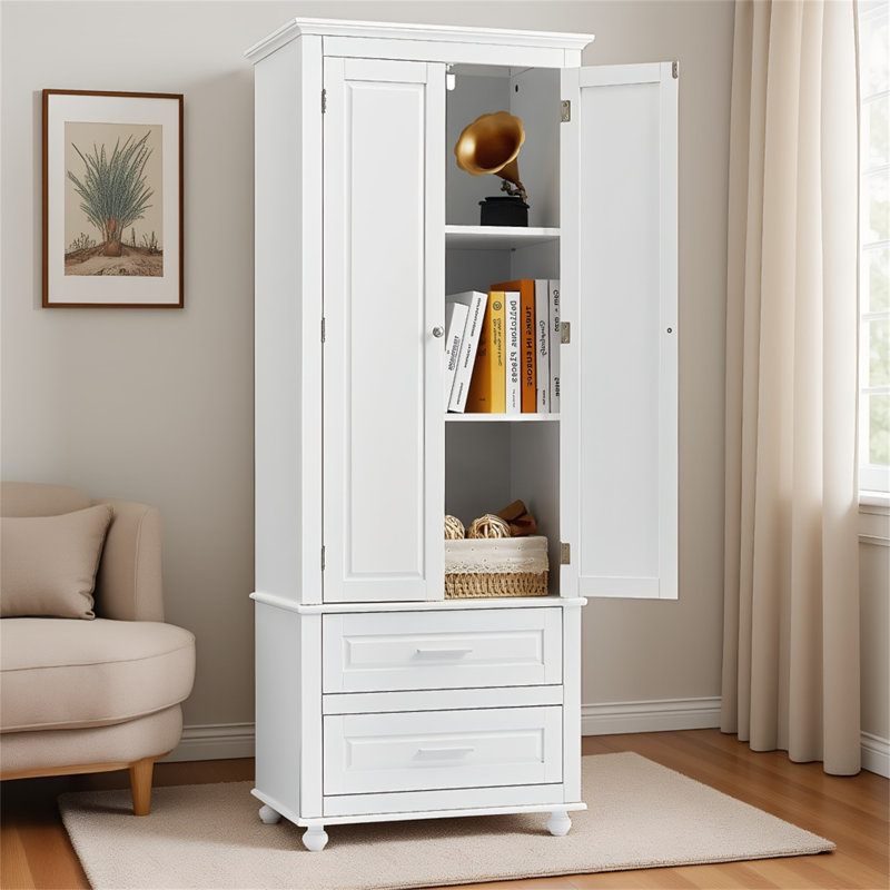 Tall Storage Cabinet With Two Drawers For Bathroom/Office - Stylish White MDF Storage Solution With Adjustable Shelves And Anti-Tipping Safety Device, White