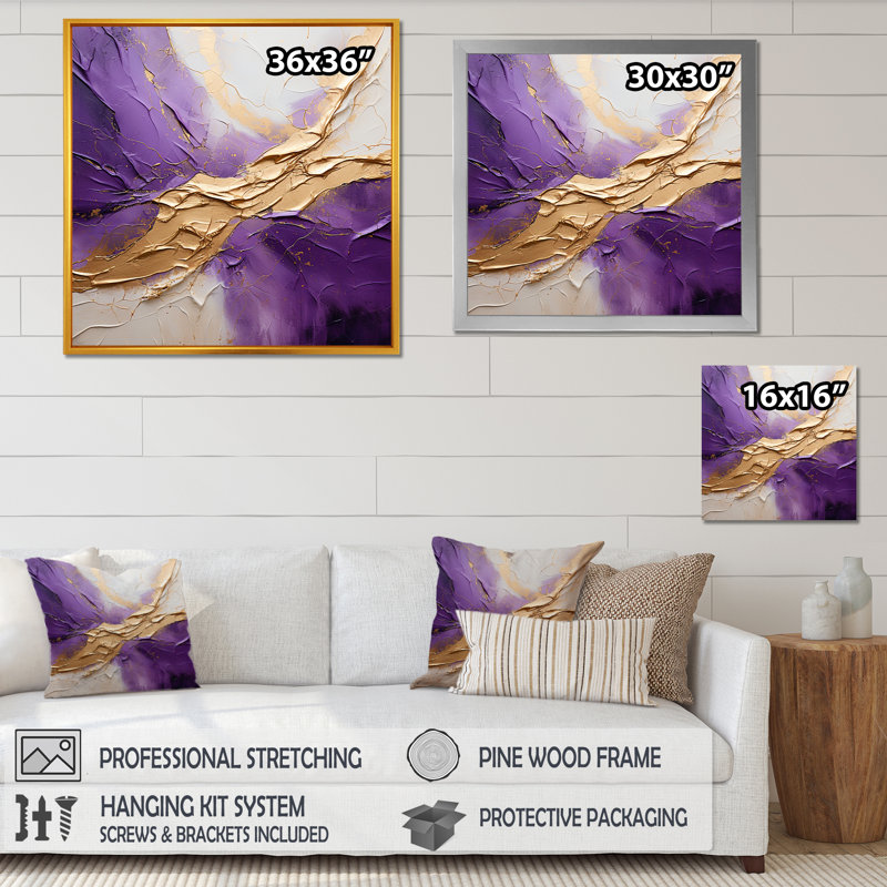 Or lunaire doré et mauve - spirales abstraites, impressions d'art mural, Cadre doré simple, H 30 po x l 30 po x P 1 po