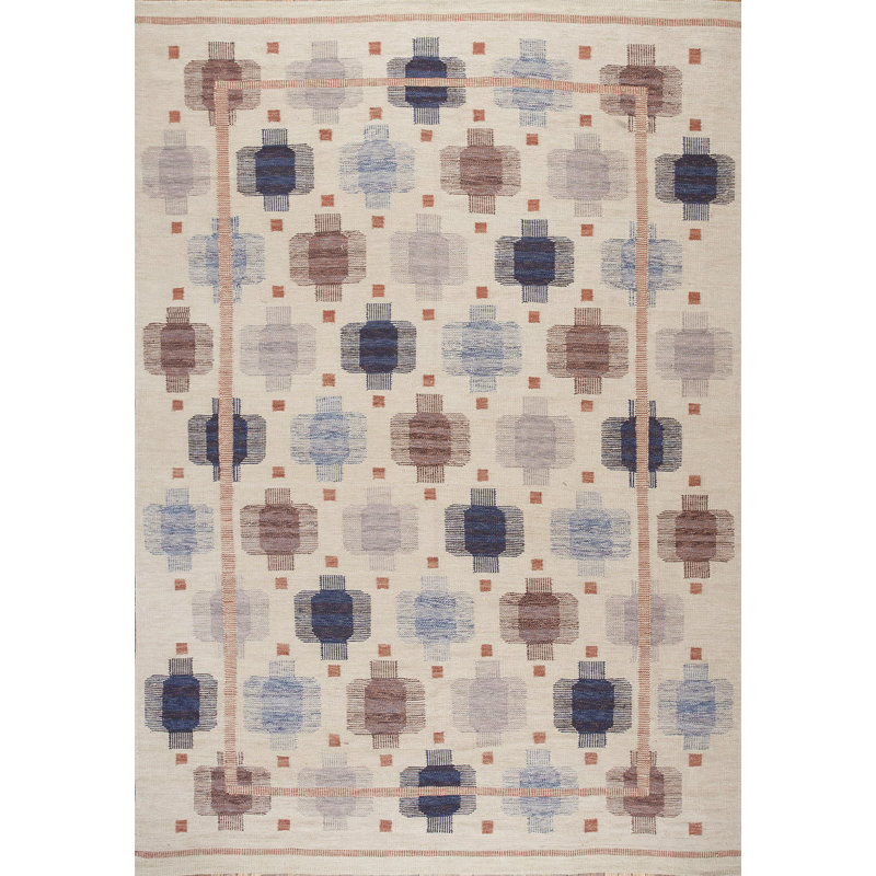 Tapis unique en laine noué à la main brun / bleu marine / rose de 9 pi x 12 pi