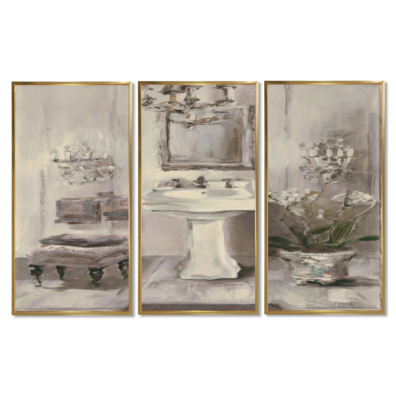 " French Bathroom Vintage II " 3 - Pieces, 32" H x 48" W x 1" D, Gold Framed