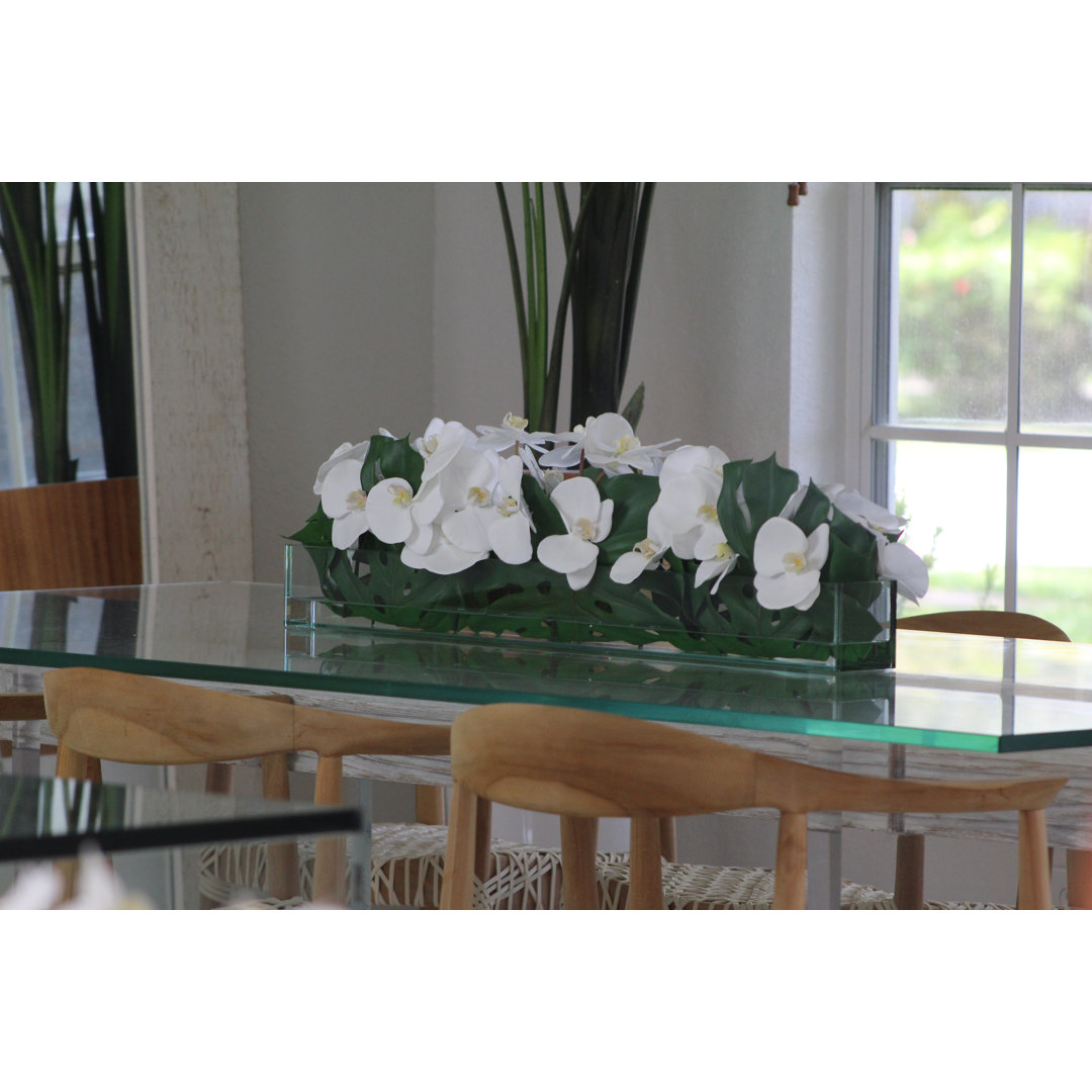 36" Casa Moderna Glass Plate Planter With Phalaenopsis Orchids And Monstera Leaves CFA Design Group Flower 