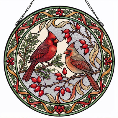 Cardinal Birds Stained Glass Window Panel，12"H