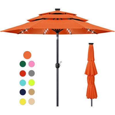 Parasol de patio solaire à 3 niveaux de 10 pieds, 8 lumières DEL avec 8 nervures robustes, protection contre les rayons UV pour la terrasse du jardin