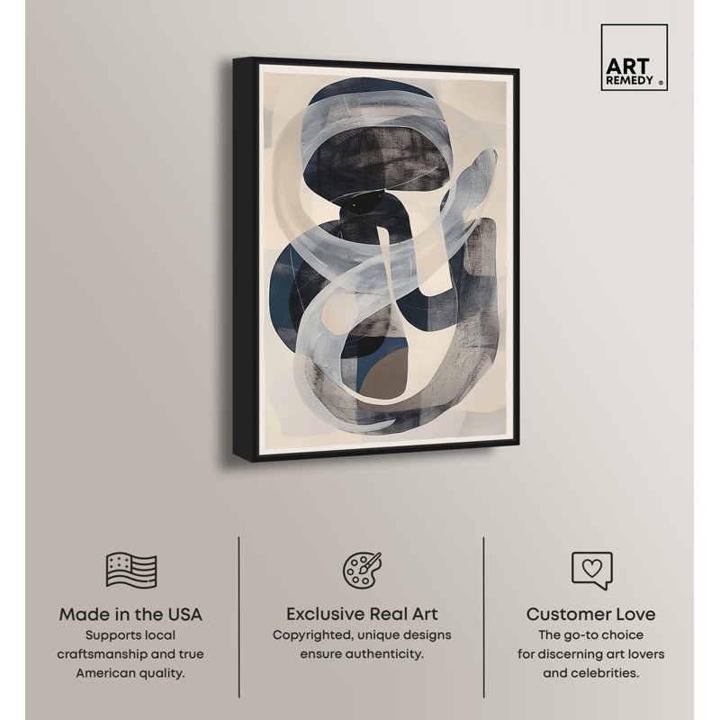 Large Abstract Black and Gray Canvas Wall Art with Black Frame