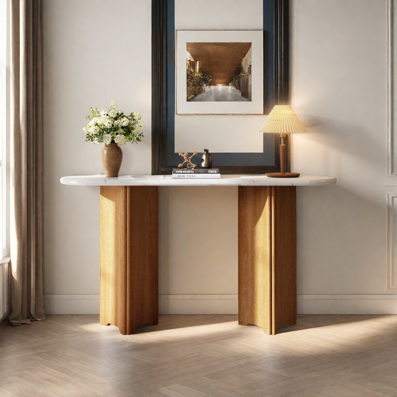 Console étroite, table de hall d'entrée avec plateau ovale en faux marbre, table de canapé rustique avec pieds incurvés, table d'appoint de couloir pour l'entrée et le salon