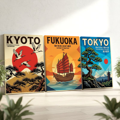 3 Pieces Vintage Japan Travel Poster Large Wall Art Set with Kyoto, Three Pieces Wall Art for Living Room, Bedroom, and Office Decor, Ready to Hang