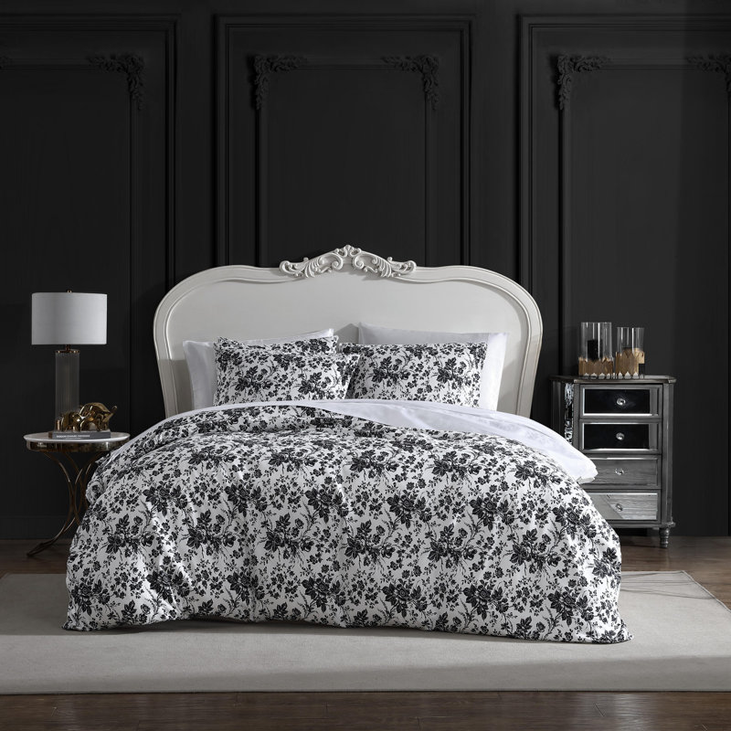 King Black and White Floral Polyester Duvet Cover Set