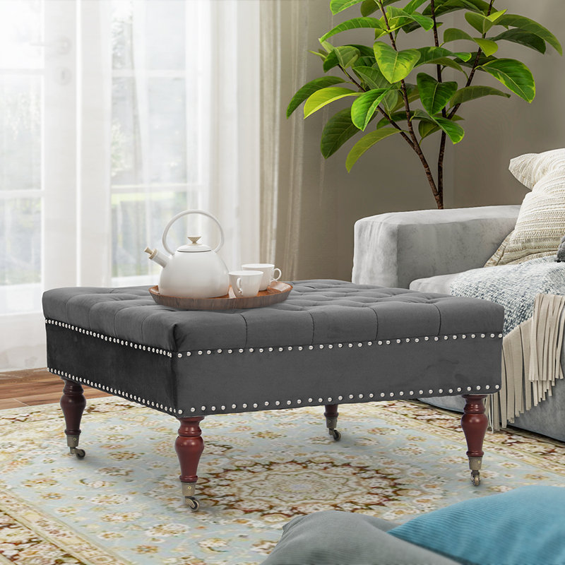 Repose-pieds carré tapissier Bakri, 100 % polyester gris foncé