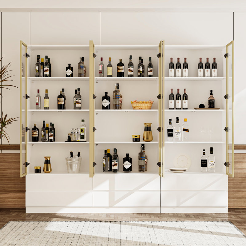 Modern Glass Door Wine Bar Cabinet - LED Lighting, 6 Drawers