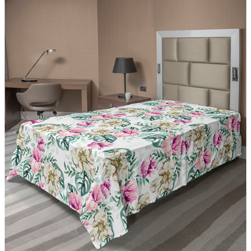 Drap Ambesonne Tropical Pivoine Monstera, Drap plat pour lit simple