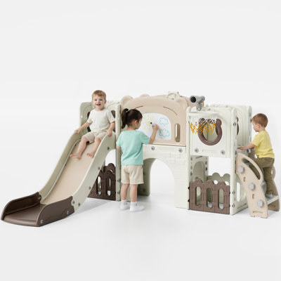 10-In-1 Toddler Slide Set, Kid Climber Slide Playset With Basketball Hoop And Ball, Drawing Board, Non-Slip Steps, Indoor Outdoor Playground For Age 3