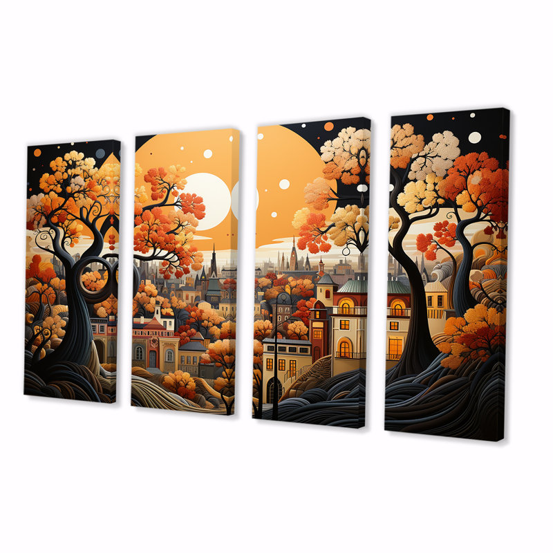 Cozy village in Autumn Moonlit V - City Art Deco, art mural 4 pièces, H 32 po x l 64 po