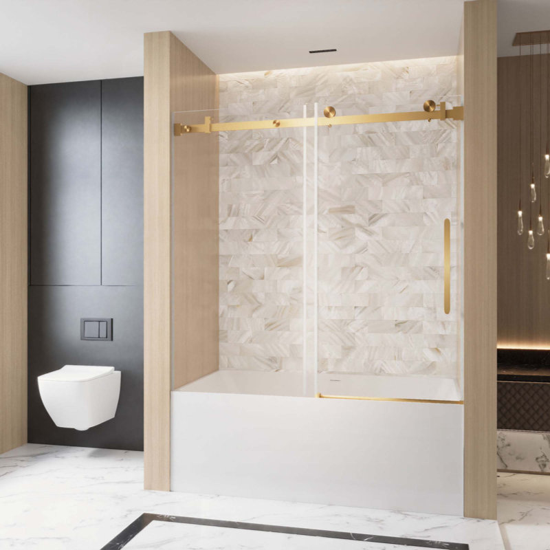 56-60" W x 60" H Frameless Single Sliding Shower Door, 6mm Clear Tempered Glass with Explosion-Proof Film, Stainless Steel Square Tube Track & Handle for Bathroom