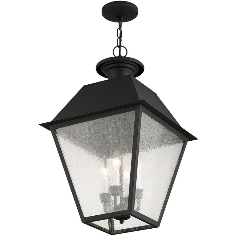 15 inch 4 Light Lantern Pendant with Seeded Glass, Black