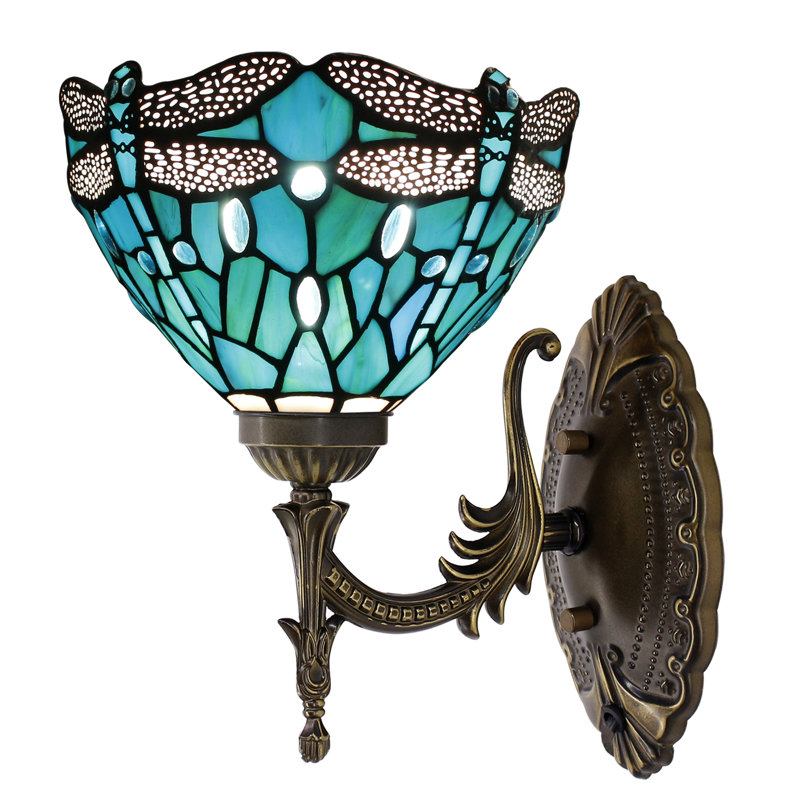 Tiffany Wall Sconce Lamp Blue Stained Glass Flower Style 8X10.5X11 Inch Plug in Wall Bedside Light for Hallway Bedroom (Green Blue Dragonfly Style)