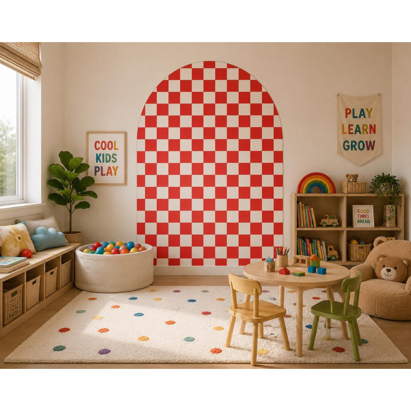 Décalcomanie murale en arche à carreaux rouge et blanc de 66 po de largeur et de 78 po de hauteur, L 58 po x H 80 po