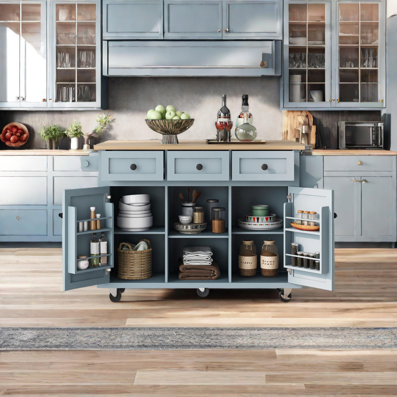 Bobbe Solid Wood Top Kitchen Cart, Blue