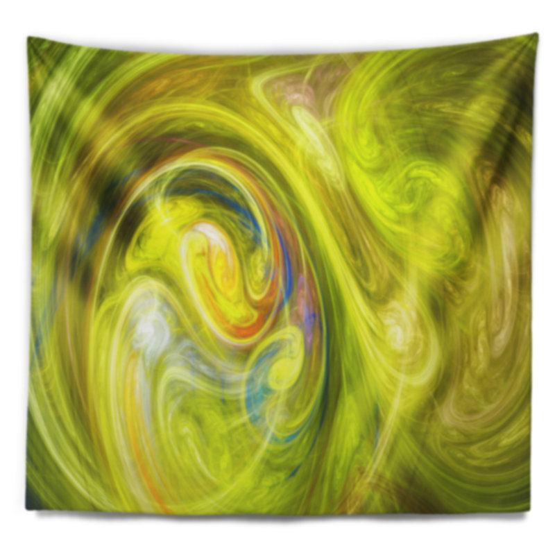 Tapisserie jaune à motif abstrait fractal, H 50 po x l 60 po