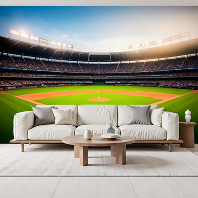 Peel and Stick Wallpaper Panoramic Baseball Stadium Green Field Crowded Stands Sunset Sports Lover Wall Murals 100"H x 144"W Removable PVC Wall Paper Self-Adhesive Wall Decor for Bedroom Living Room Home Office