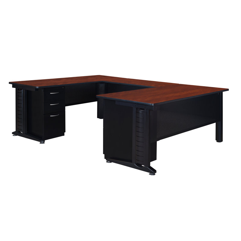Bureau en U avec tiroir à double caisson Nevjana Fusion, Cerisier
