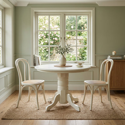Ensemble de salle à manger rond en bois d'hévéa blanc lin, 3 pièces, table sur pied et chaises Parson