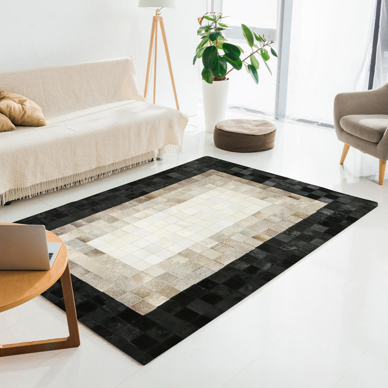Tapis moderne en cuir de vache beige, tapis de salon fait à la main, Rectangle 6' x 9'