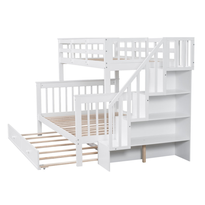 Lit superposé simple au dessus d'un lit double en bois massif avec bibliothèque Abdeslam par Harriet Bee, Blanc