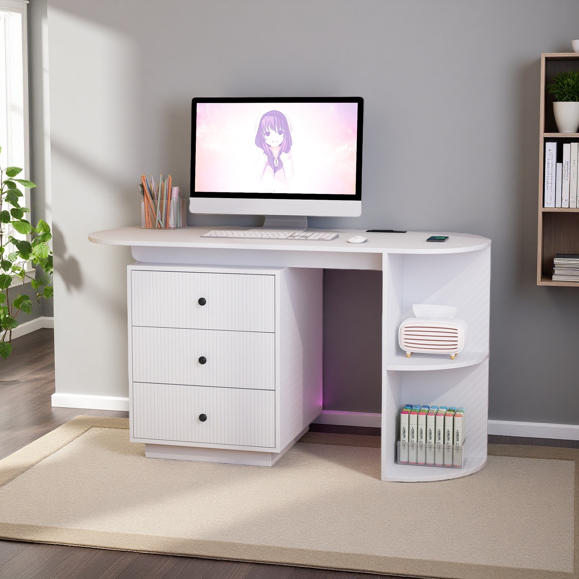 Latitude Run® Modern Home Office Table,Expandable Desk With Storage ...