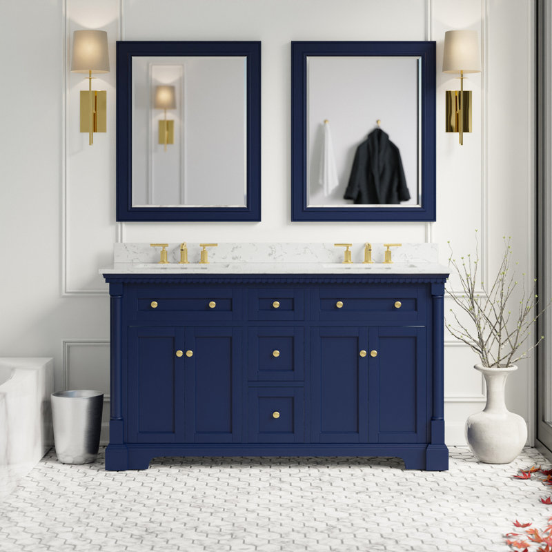 Fossen 60" Double Bathroom Vanity Set with Royal Blue Cabinet and Engineered Marble Countertop, Royal Blue, Engineered Marble